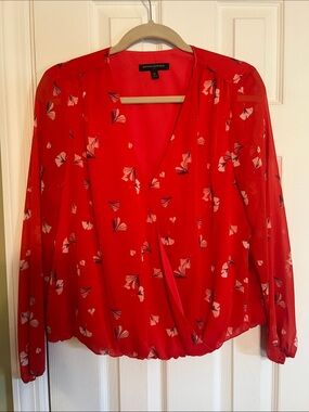 Banana Republic Red Floral-Print Faux-Wrap Blouse
